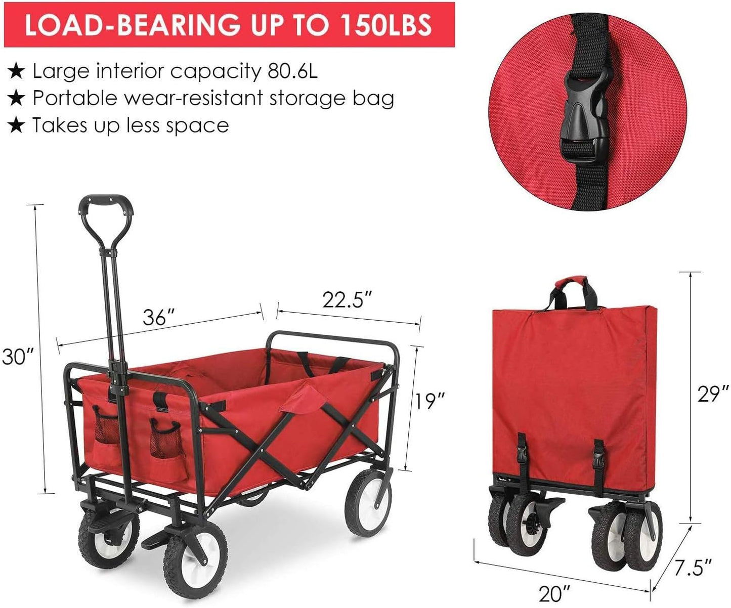 Collapsible Folding Outdoor Utility Wagon, Heavy Duty Garden Cart with Wheel Brakes and 2 Cup Holders, for Shopping,Picnic (Green) (Red)