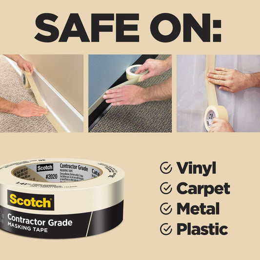 Scotch Contractor Grade Masking Tape, 1 Inch Wide (0.94 in. x 60.1 Yds) 6 Rolls, 3-Day Interior Clean Removal, Removes Easily Without Leaving Sticky Residue, Interior & Exterior Use (2020-24EP6)