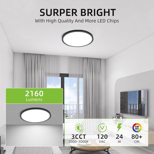 hykolity 12 Inch Selectable CCT LED Round Flat Panel Light, 24W 3000K/4000K/5000K, Edge-Lit Flush Mount Ceiling Light Fixture for Kitchen, Bedroom, Laundry and Closet Room,Black