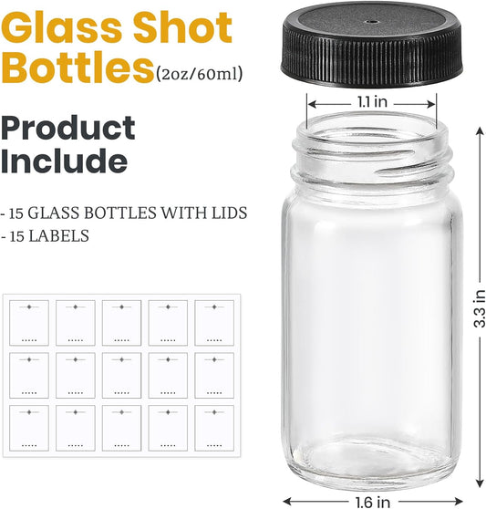 LANDNEOO 15 Pack 2 oz Glass Shot Mini Bottles w/Black Lids & 15 Labels - Small Clear Jar for Ginger, Wellness Shot, Juice, Sample, Whiskey - Travel Essentials - Wide Mouth, Leakproof, Dishwasher Safe