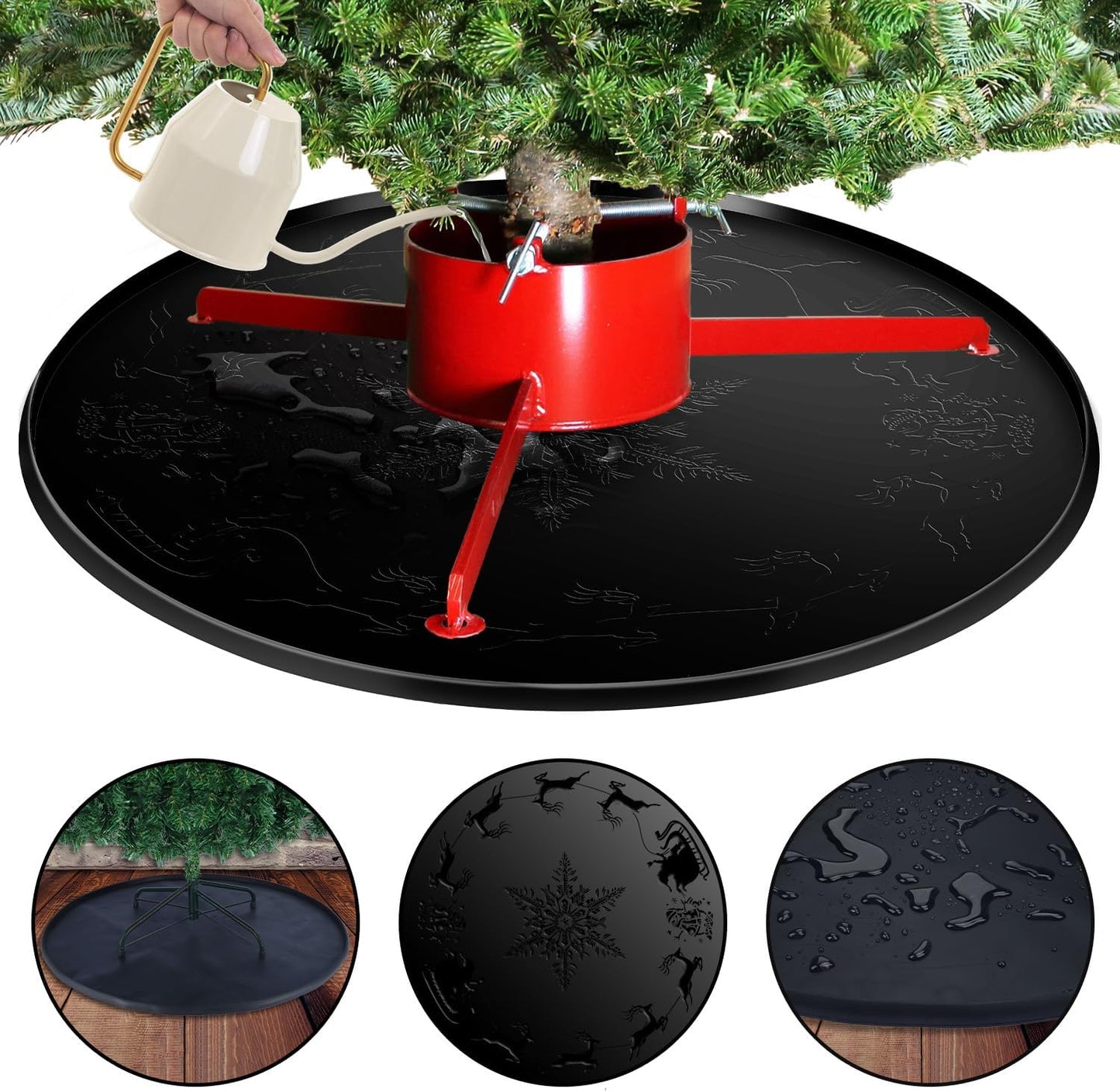 LURKA 31 Inch Christmas Tree Stands Mat with Embossed Christmas Design, Heavy Duty Christmas Tree Floor Protector, Waterproof Under Tree Pad for Christmas Tree Stand, Christmas Tree Floor Mat (Black)