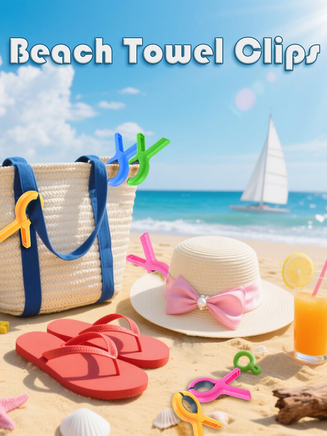 Large Beach Towel Clips, 8 PCS Beach Chair Clips with 2PCS Chip Clips for Chair Cruise Pool, Heavy Duty to Beach Vacation Essentials(Pink, Green, Orange, Blue)
