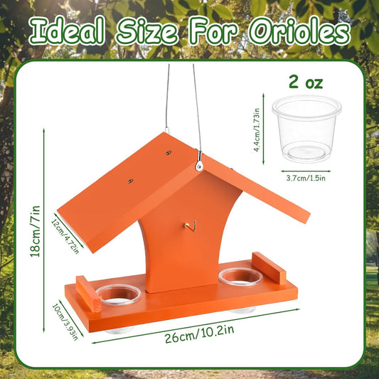 Oriole Feeder for Outdoors Hanging, Wooden Feeder for Oriole Birds with Pegs for Orange Halves, 6 Removable Cups for Jelly or Jam,Fruit,Nectar or Seed, Orange