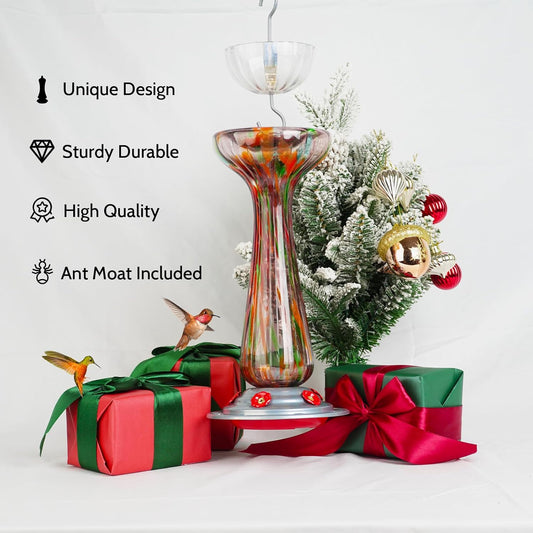 Hummingbird Feeder, Hand Blown Glass Large 27 fl.oz, Never Fade, 5 Fee