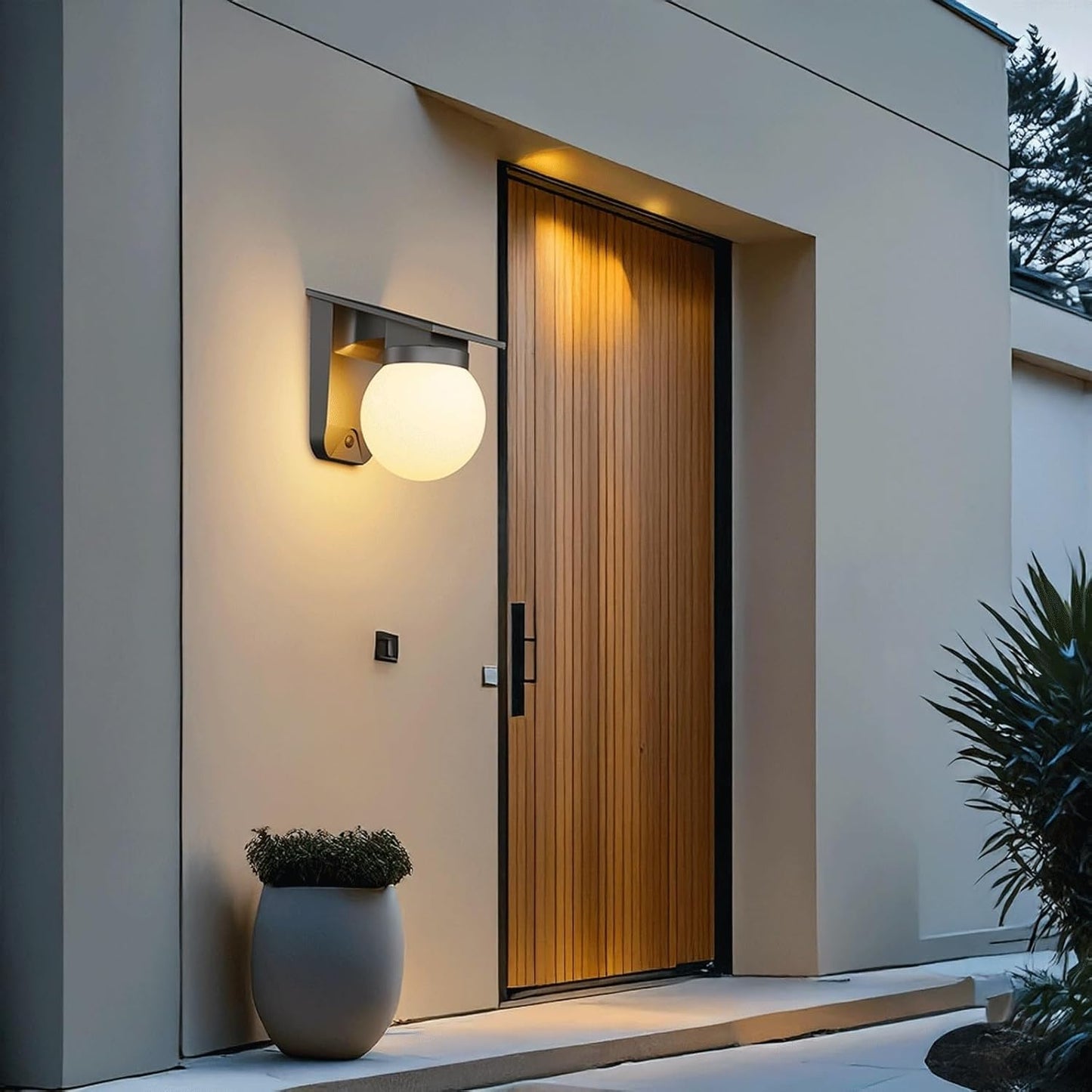 Solar Globe Wall Lamp Outdoor, Modern LED Dusk to Dawn Exterior Light, Wireless Waterproof PC Mounted Fixture for Porch Patio Terrace Garage Villa Garden Storefront Entryway Cottage