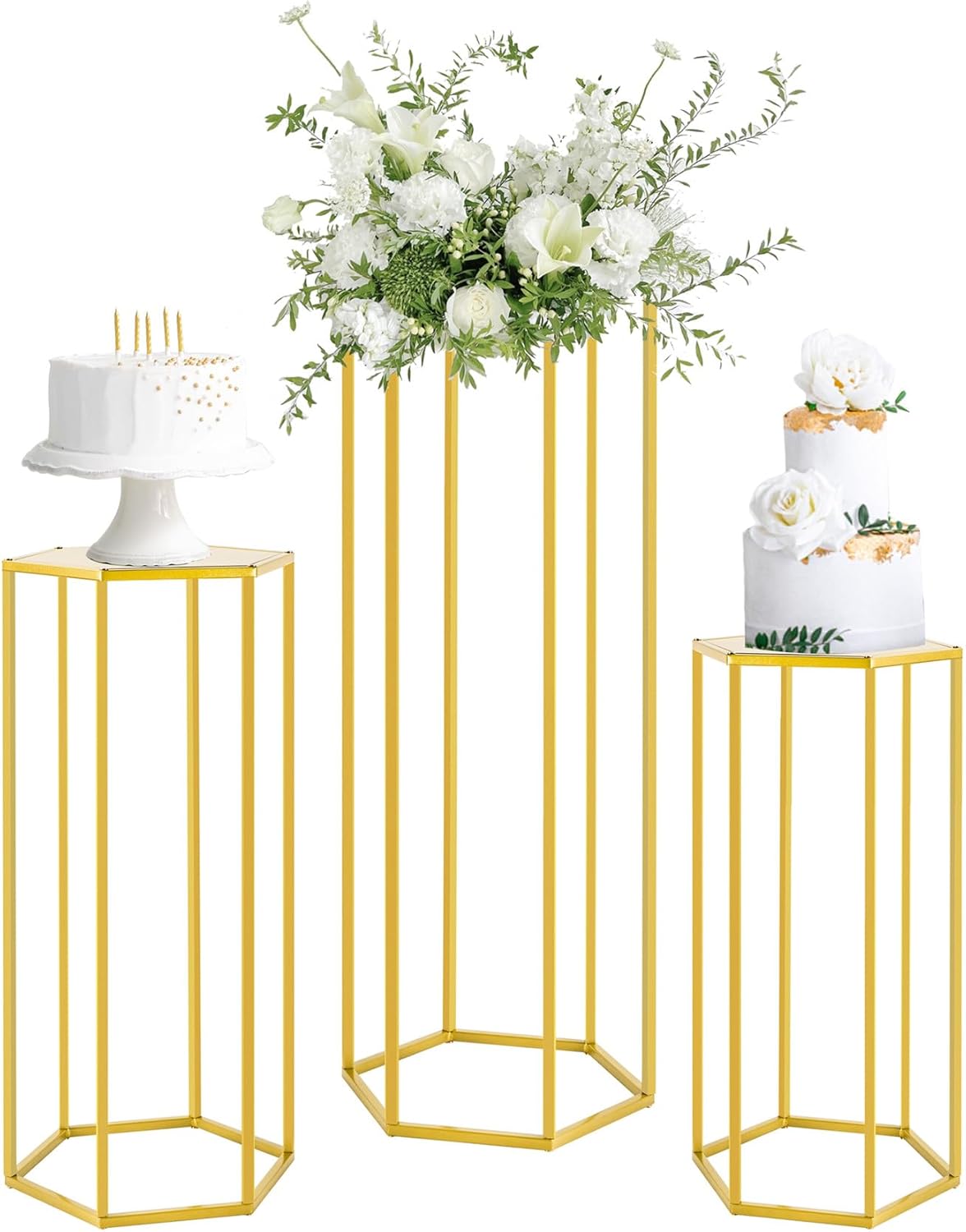 Set of 3 Metal Cylinder Stands for Party Centerpieces, Hexagon Nesting Pedestal Stands, Gold Cake Flower Plant Display Stands, Tall Columnar Vases for Birthday Party Event Home Wedding Decor (Gold)