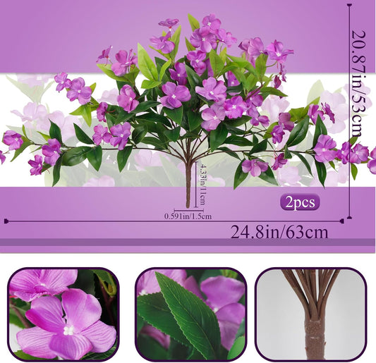 Artificial Flowers for Outdoors 2Pcs Faux Impatiens for Outdoor Planters UV Resistant Purple Silk Flowers Outside Artificial Impatiens Plants Bush for Front Porch Patio Garden Pot Balcony Decor