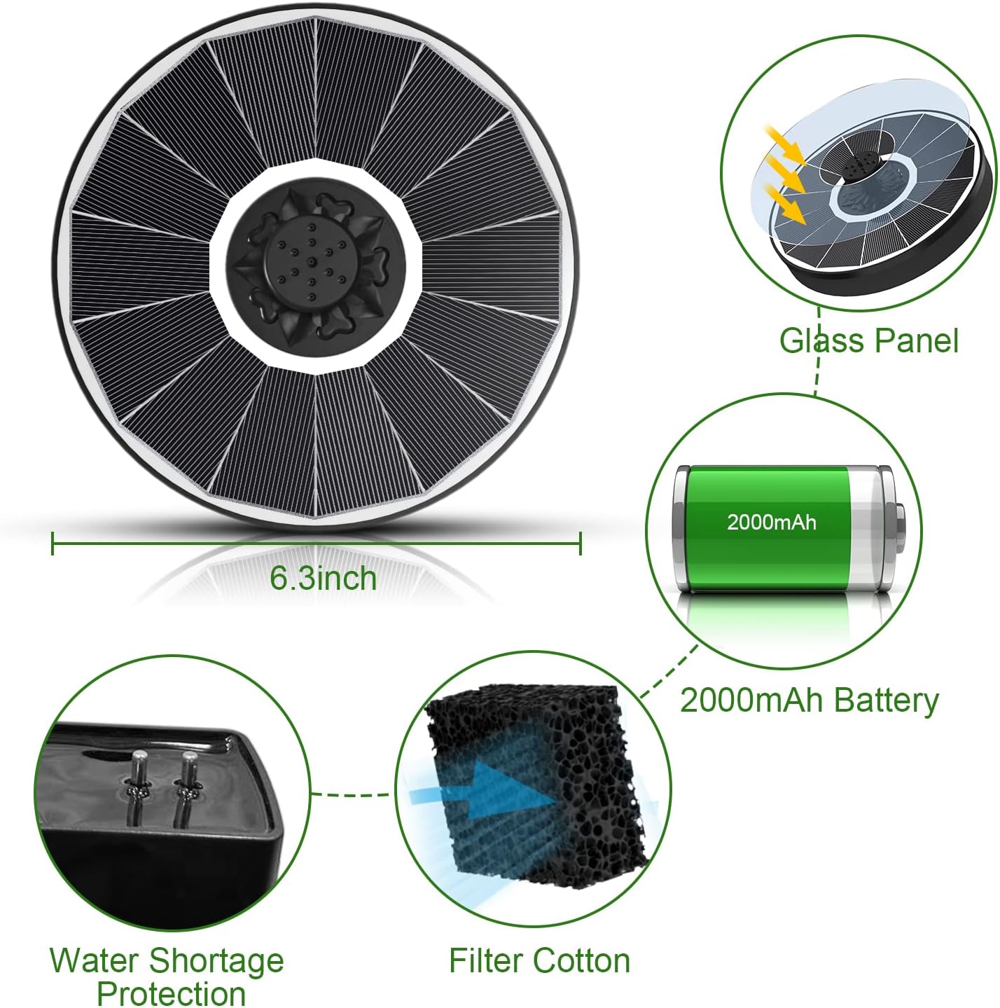 Yzert Solar Fountain with 2000 mAh Battery Backup Works in Cloudy, Glass Solar Powered Bird Bath Fountains with 7 Nozzles, 3.5 W Solar Fountain Pump for Birdbath,Garden, Outdoor, Pond (White)