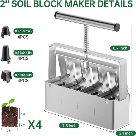 Soil Blocker, 2 Inch Soil Block Maker with 3 Sizes Seed Pins & Comfort