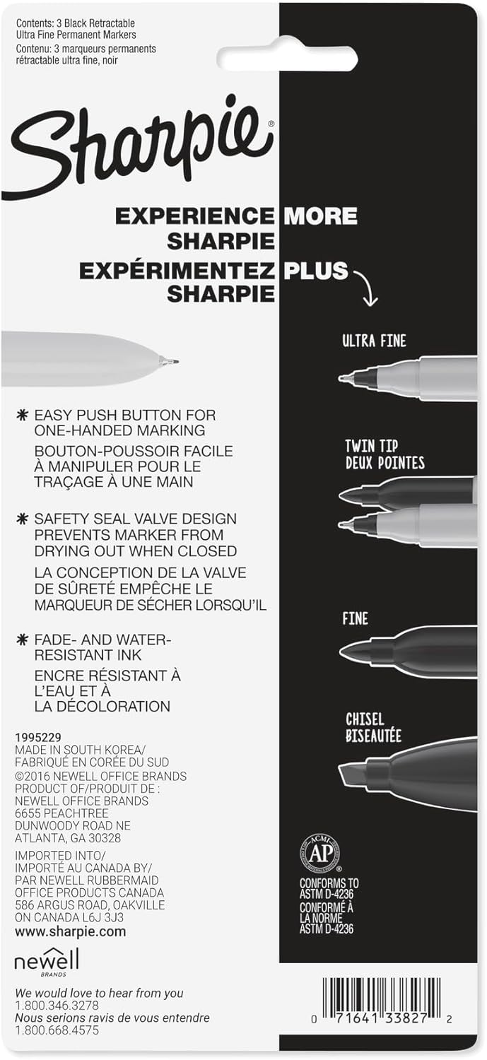 Sharpie Retractable Permanent Markers, Ultra Fine Point, Black, 3 Count