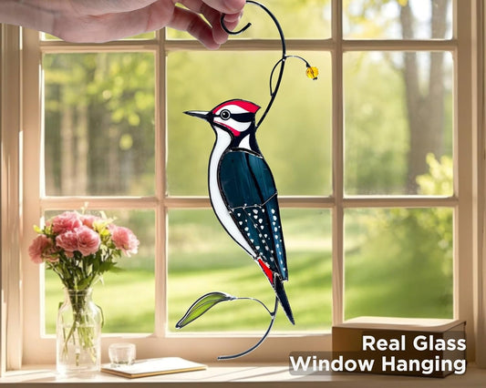 Woodpecker Stained Glass Window Hanging for Women, Mom, Grandma - Handmade Real Glass Bird Suncatcher - Elegant Gifts Box Home Decor (H8.9xW3.2 inch)