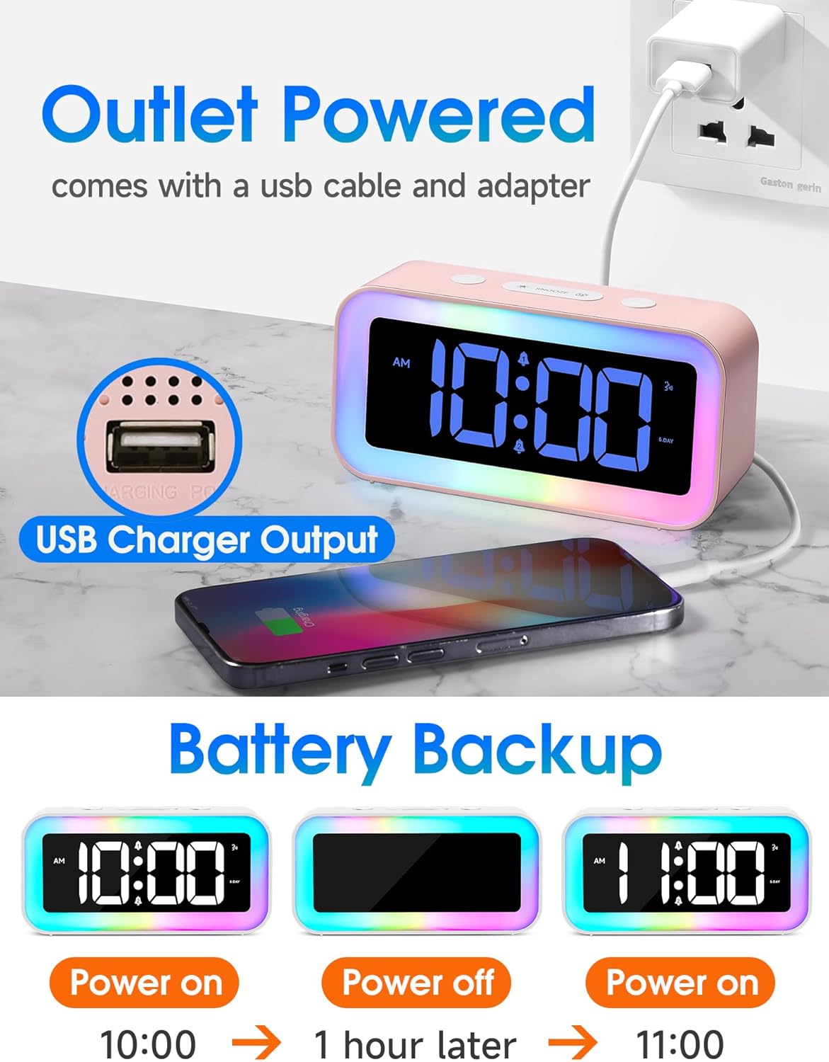 Cadmos Cute Pink Loud Alarm Clock with RGB Night Light - Perfect for Girls Room Decor and Kawaii Gifts, Small Size for Bedside or Desk Lamp in Bedrooms, Ideal for Kids, Teens (Light Pink)