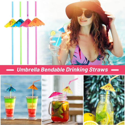 Paxcoo 50pc Umbrella Straws for Cocktails, Tropical Hawaiian Luau Party Decorations (Assorted Colors)