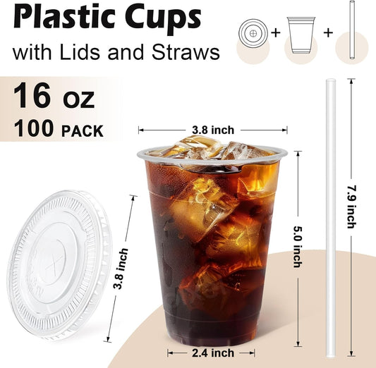 Lamosi 100 Pack 16 oz Clear Plastic Cups with Lids and Straws, Disposa