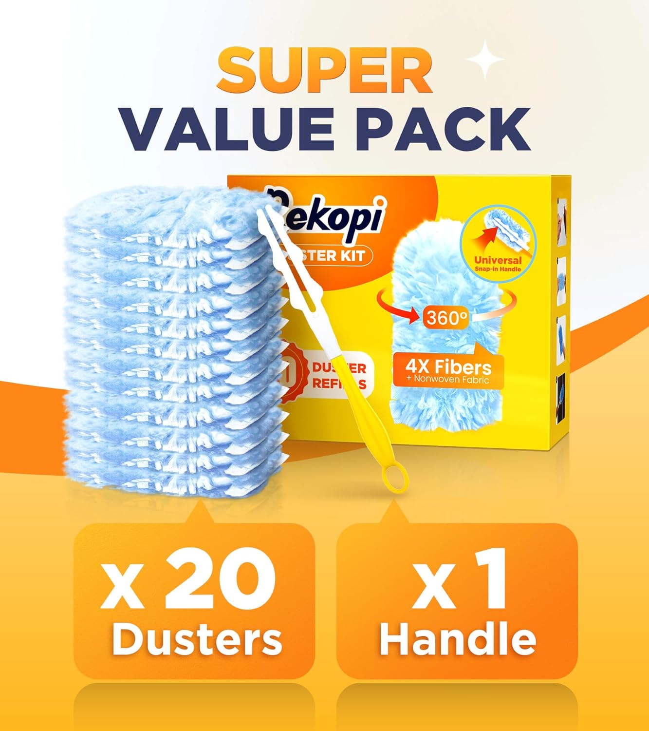 Heavy Duty Duster Refills for Swiffer Duster, 20 Count Duster Refills with 1 Handle, Multisurface 360Β° Dusters with 4X Microfibers, Unscented Disposable Dusters forCleaning