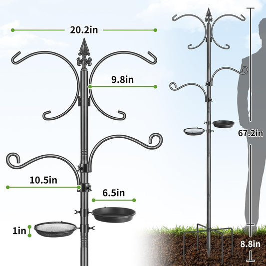 Bird Feeder Pole, 76 Inch Bird Feeding Station, Heavy Duty Shepherd Hooks for Outdoors Hanging Birds Feeders, 4 Hook Hummingbird Feeder Stand with Birds Bath, Mesh Tray