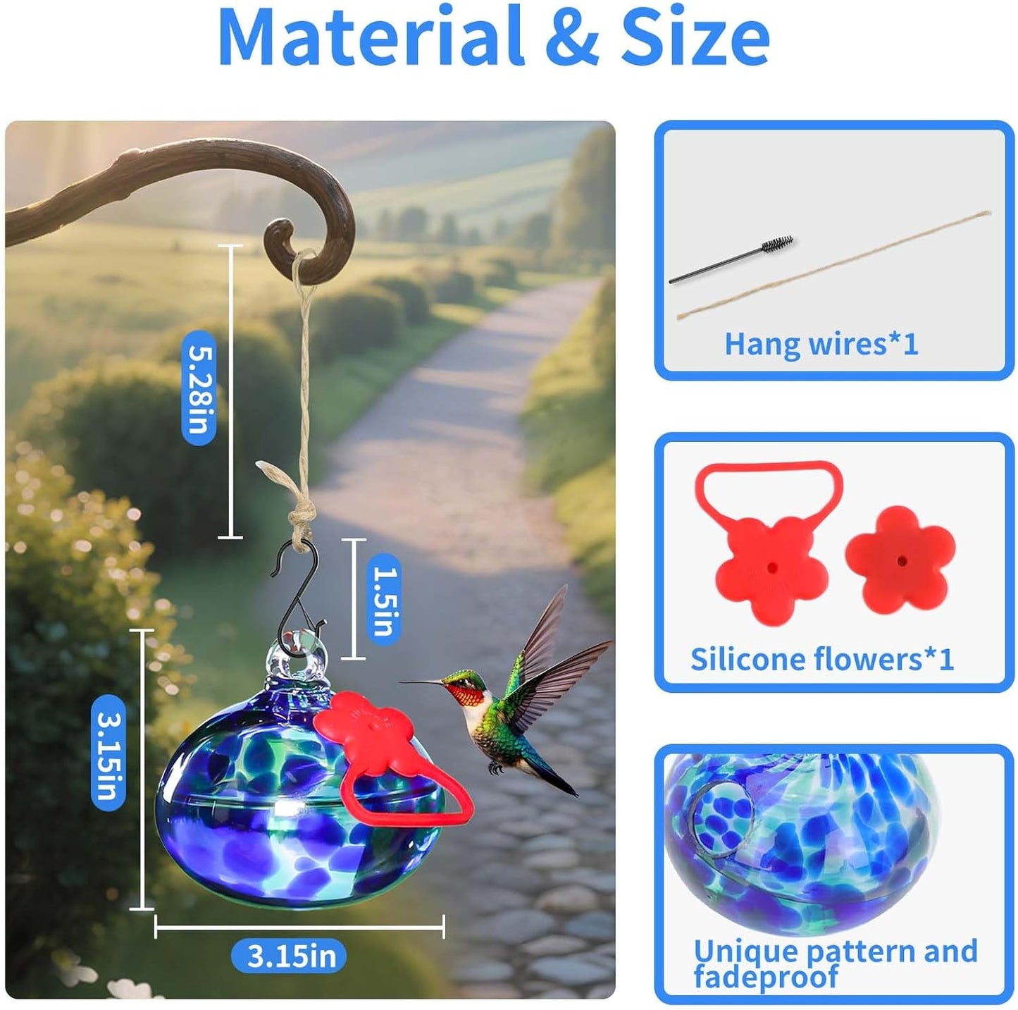 Small Hummingbird Feeders for Outdoors Hanging,Hand-Blown Glass Hummingbird Feeder with Silicone Feeding Perch,Never Leak,Gardening Gifts for Woman Man