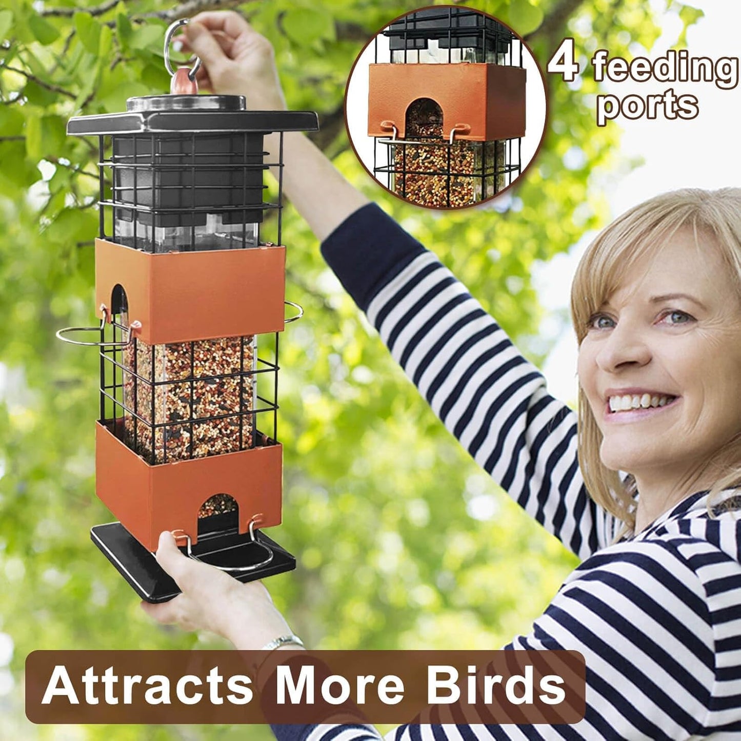 Squirrel Proof Bird Feeder, 3LBS Large Capacity Metal Hanging Bird Feeders for Outdoors, Weight-Activated Perches Wild Birdfeeder for Blue Jay, Cardinal (Brown)