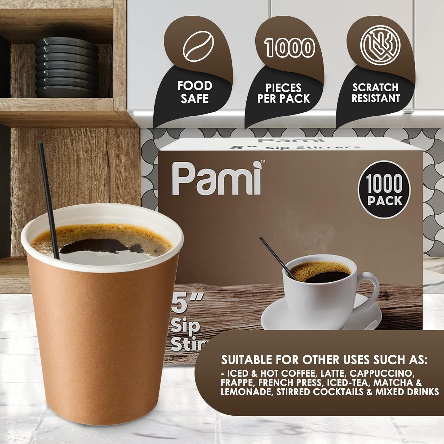 PAMI 1000 Black Stir Straws 5in Disposable Plastic Coffee Stirrers Swizzle Sticks for Cocktails, Hot & Cold Beverages (Black One Size)