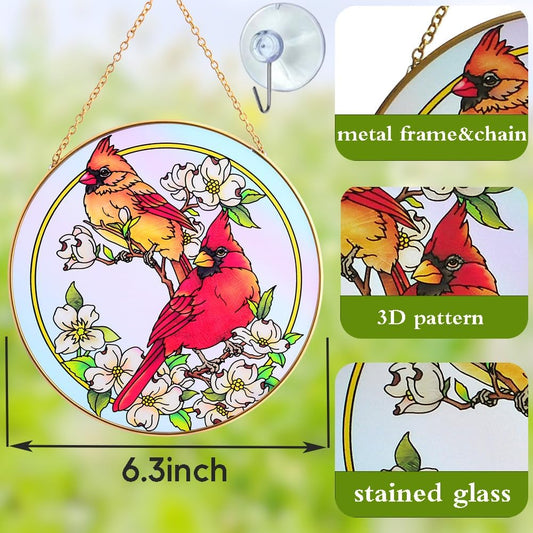 Cardinal Suncatchers for Windows,6.3” Stained Glass Window Hangings,Hand-Painted Glass Panel Perfect for Home Décor and Gifts