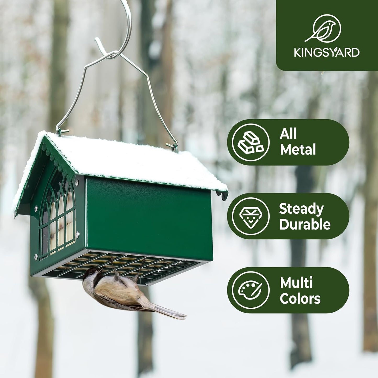 Kingsyard Double Upside Down Suet Feeder Squirrel Proof with Weatherproof Roof, All Metal Suet Feeders for Outdoors Hanging, Great for Downy Woodpecker Nuthatch Chickadee, Green