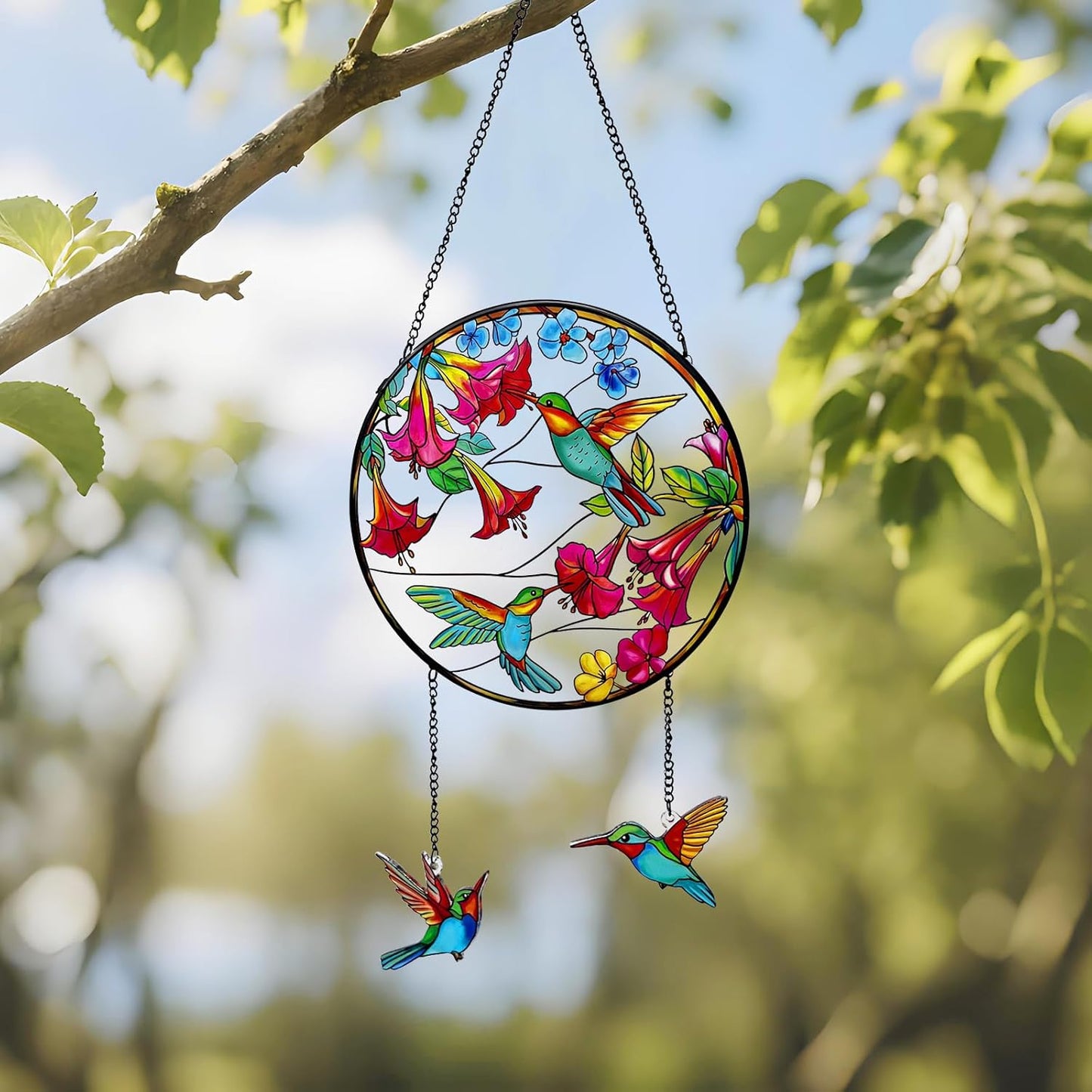 Stained Glass Suncatcher for Window, Marzovitra 8 inch Hummingbird Sun Catcher Hanging with Flowers & 2 Dangling Charms Real Glass Window Decor, Garden Hanging Art Gift for Women, Mom, Nature Lovers