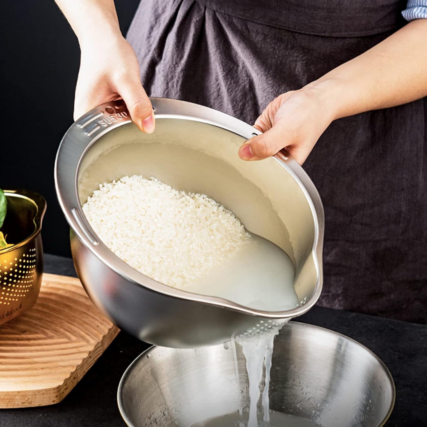 Rice Washer Strainer Bowl - 4-in-1 Washing Bowl for Quinoa, Stainless