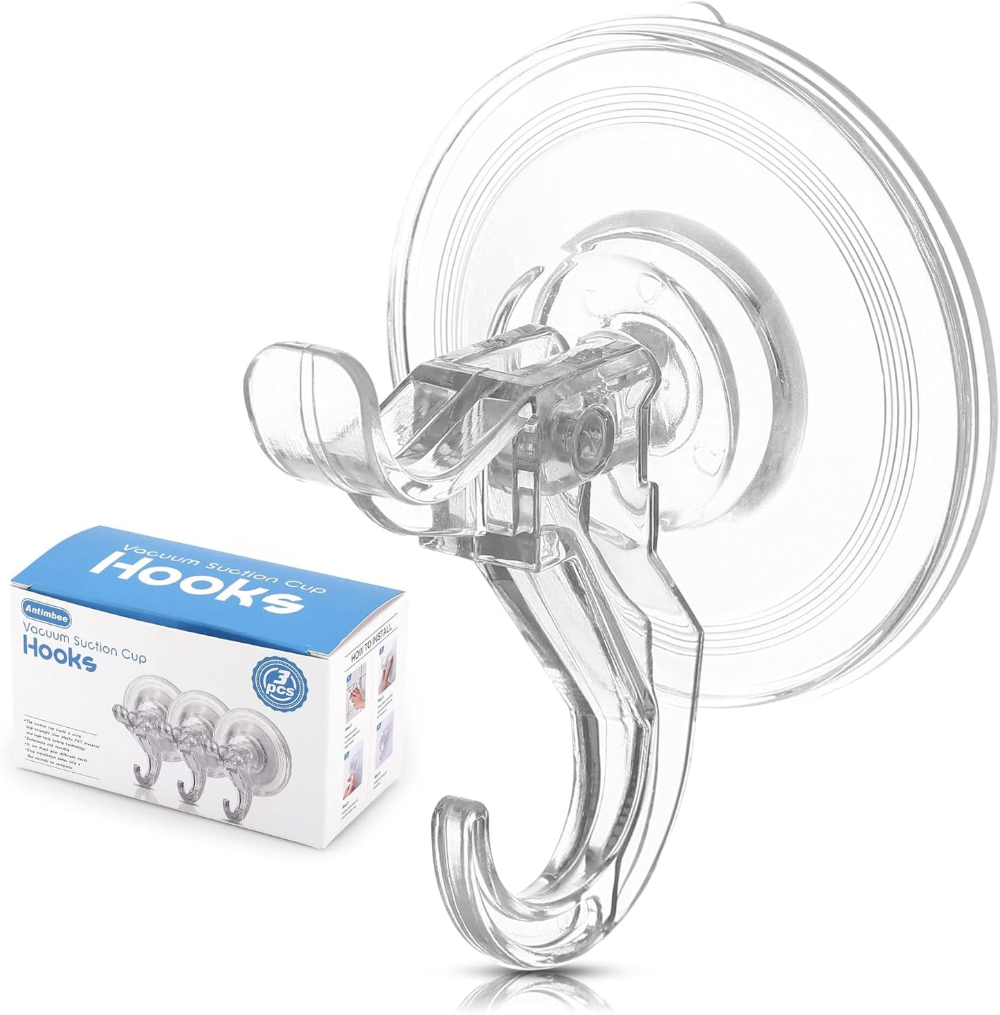 Antimbee 3 Pack Suction Cup Hooks, Clear Suction Cup Hanger, Removable Small Suction Cups for Shower, Bathroom, Glass, Door, Windows, Kitchen-Max Hanging up to 11 lbs on Smooth Surface