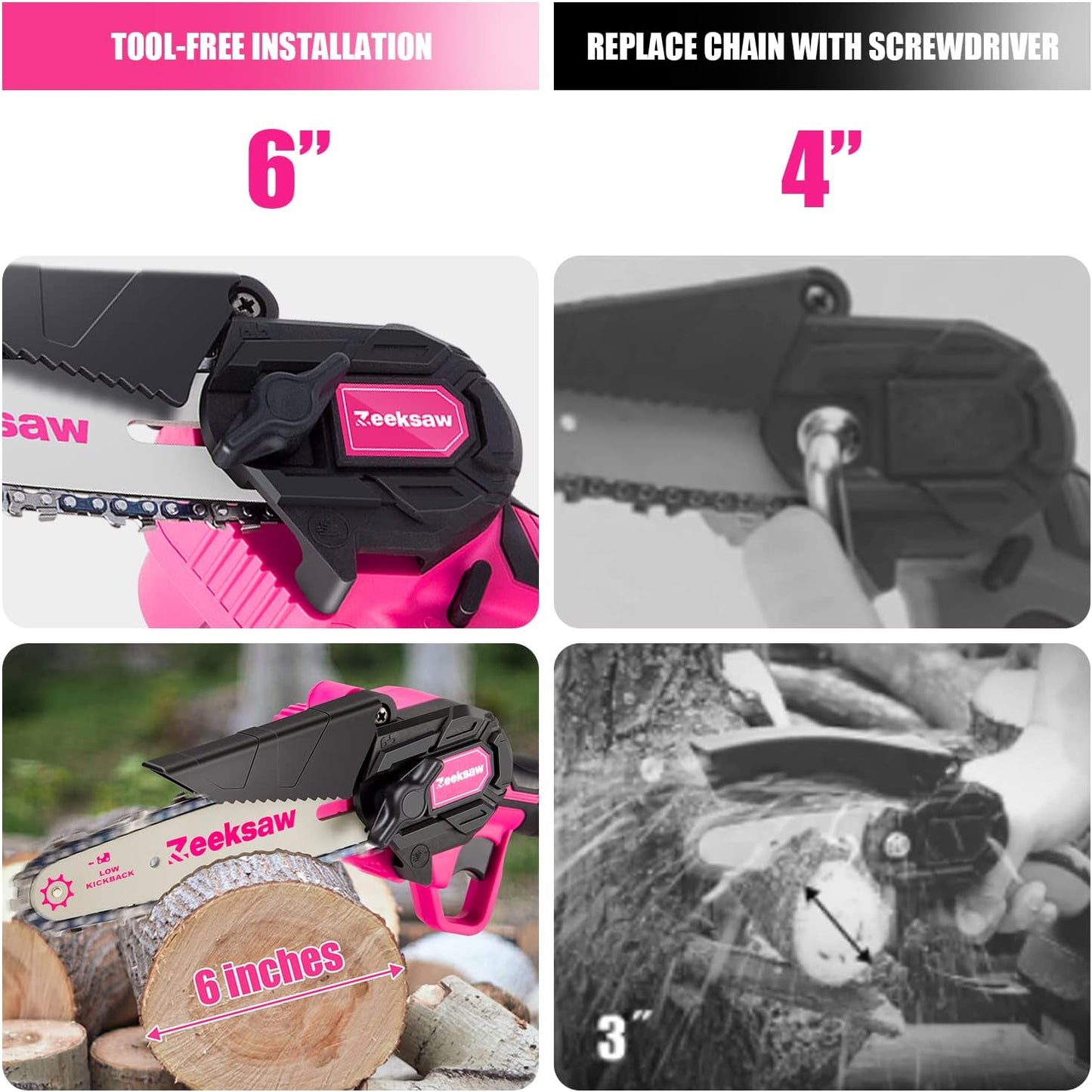 Pink Mini Chainsaw Cordless 6 inch - Electric Hand Held Chain Saw Batt