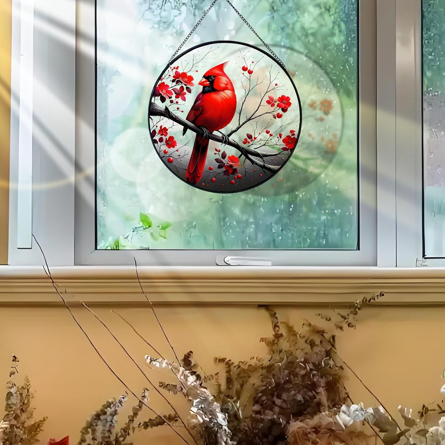 RIVEENY Cardinal Stained Glass Window Hanging,Cardinal Stained Glass S