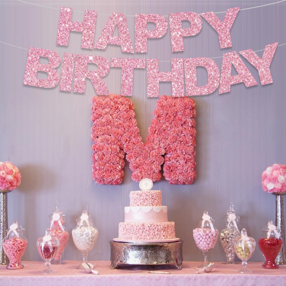 BEISHIDA Happy Birthday Banner - Pink Pre-Strung No DIY Birthday Decorations - Happy Birthday Sign - Birthday Banner for Women, Kids - Backdrop