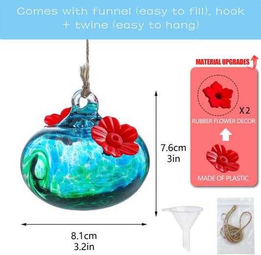 3inch Blown Glass Hummingbird Feeders for Outdoors Small Glass Hummingbird Feeders to Attract Hummingbirds Ant and Bee Resistant Round Feeder Unique Gifts for Woman - 2 Feeding Ports