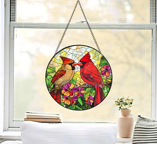 Cardinal Suncatcher Stained Glass, Red Bird Sun Catcher Stained Glass Panel Indoor Window Wall Art Home Decor