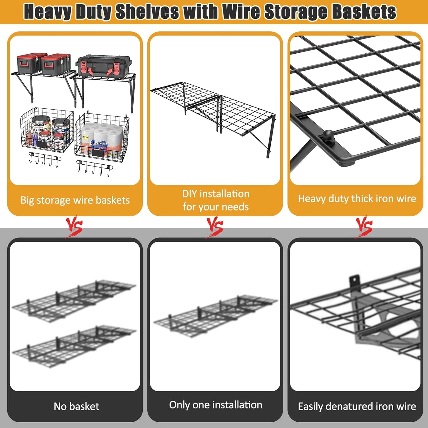 2 Pack Garage Shelves Wall Mounted with Wire baskets, Heavy Duty Garage Wall Shelving with Hooks, Wire Shelf Baskets Tool Organizer for Home Garden Garage Organization and Storage