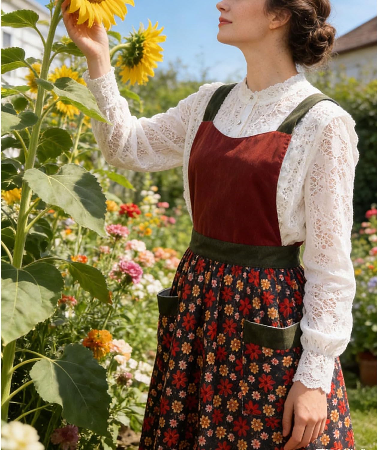 Uaussi Pinafore Apron Dress for Women Adjustable Floral Work Aprons fo