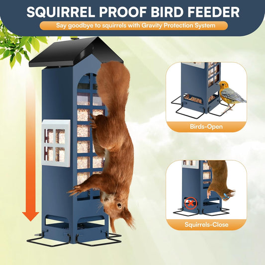 Squirrel Proof Bird Feeders, Weight Activated Metal Mesh Bird Feeder for Outdoor Hanging, 2LB Large Capacity Birdfeeders for Finch, Cardinal, Chickadee and Blue Jay for Birds Lovers-Blue