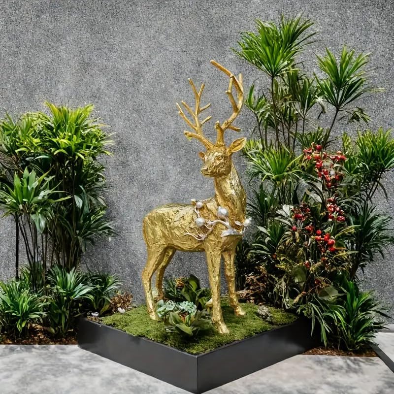 Elegant Golden Deer Sculpture with Large Antlers, Modern Resin Animal Statue with Metallic Finish for Outdoor Garden, Lawn, Patio, Living Room Decor, Striking Christmas & New Year Festival Gift
