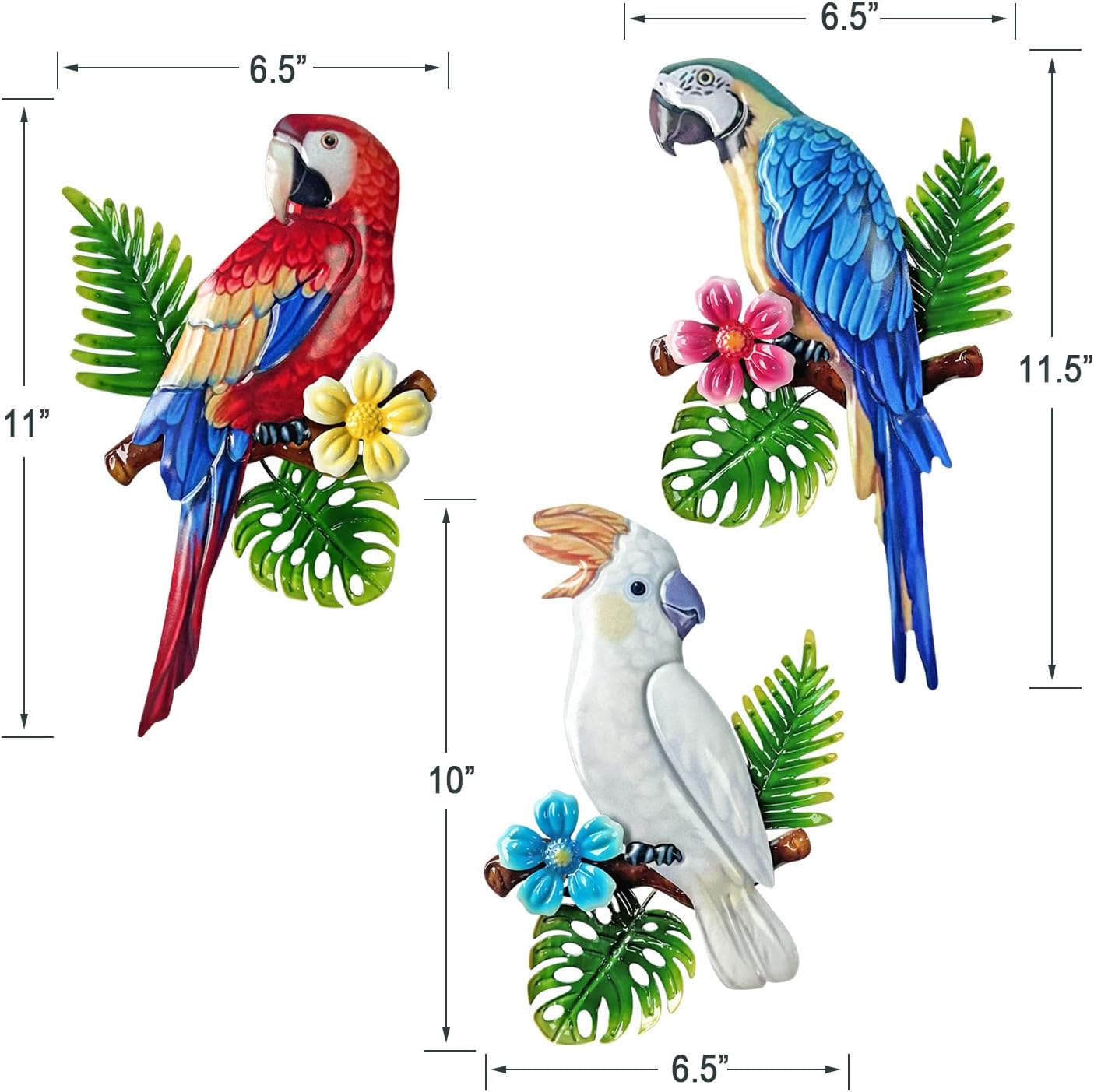 Limygus 3 Pcs Metal Parrot Wall Art Decor Set - Tropical Vivid Parrots on Branch, Outdoor Indoor Hanging Decor for Garden Fence Courtyard Patio