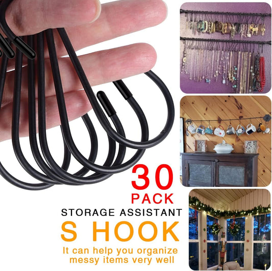 30 Pack S Hooks, 3.54 In Matte Black Heavy Duty Metal S Hooks Can with Stand, Up to 33 lbs, For Kitchen, Office, Garden or Outdoor, Hanging Plants, Clothes, Pots, Pans, Cups, Bags, Jewelry, Towels