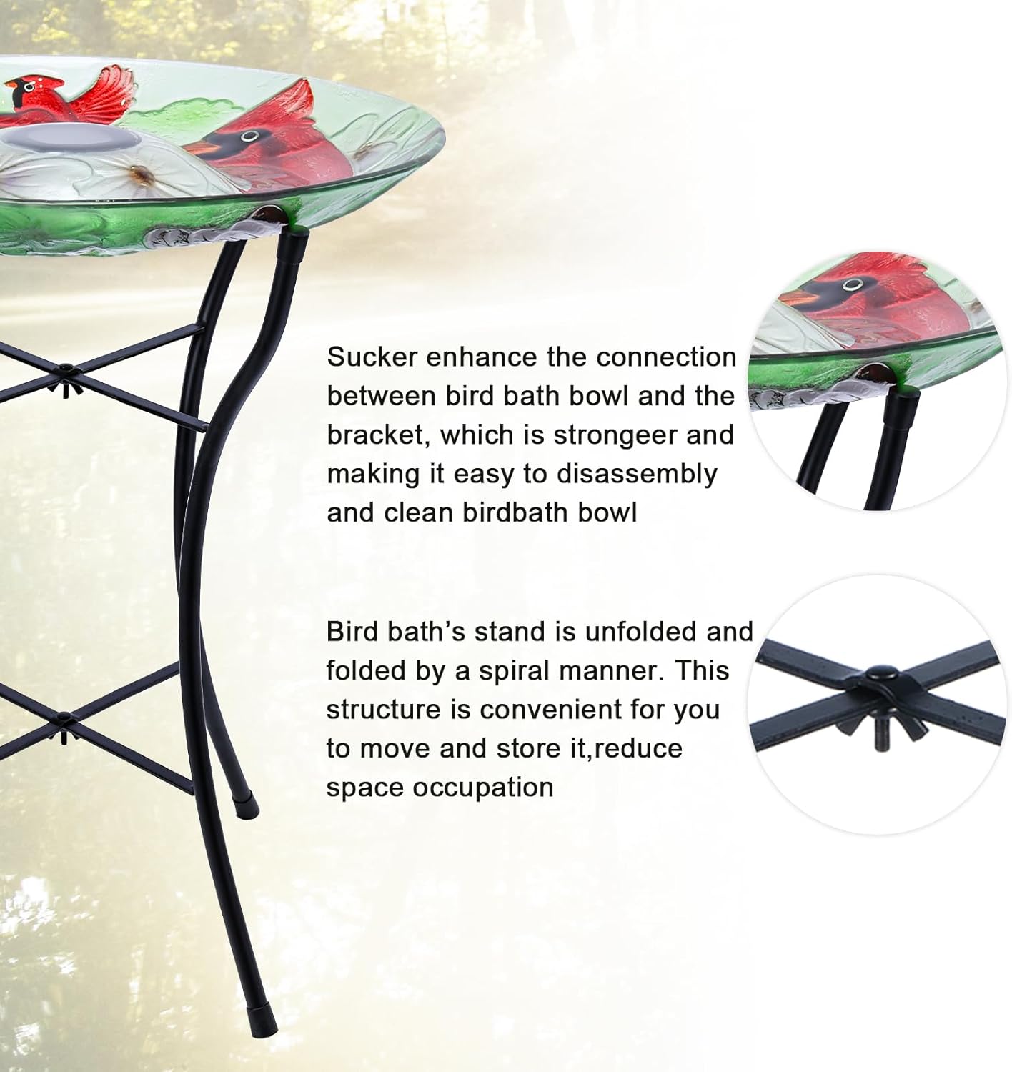 MUMTOP Glass Bird Baths for Outside, 16 Inch Width Outdoor Garden Red Cardinals Bird Bath Bowl with Solar Light and Metal Stand, Large Glass Birdbaths Bird Feeder for Yard Decor, 20 Inch Height