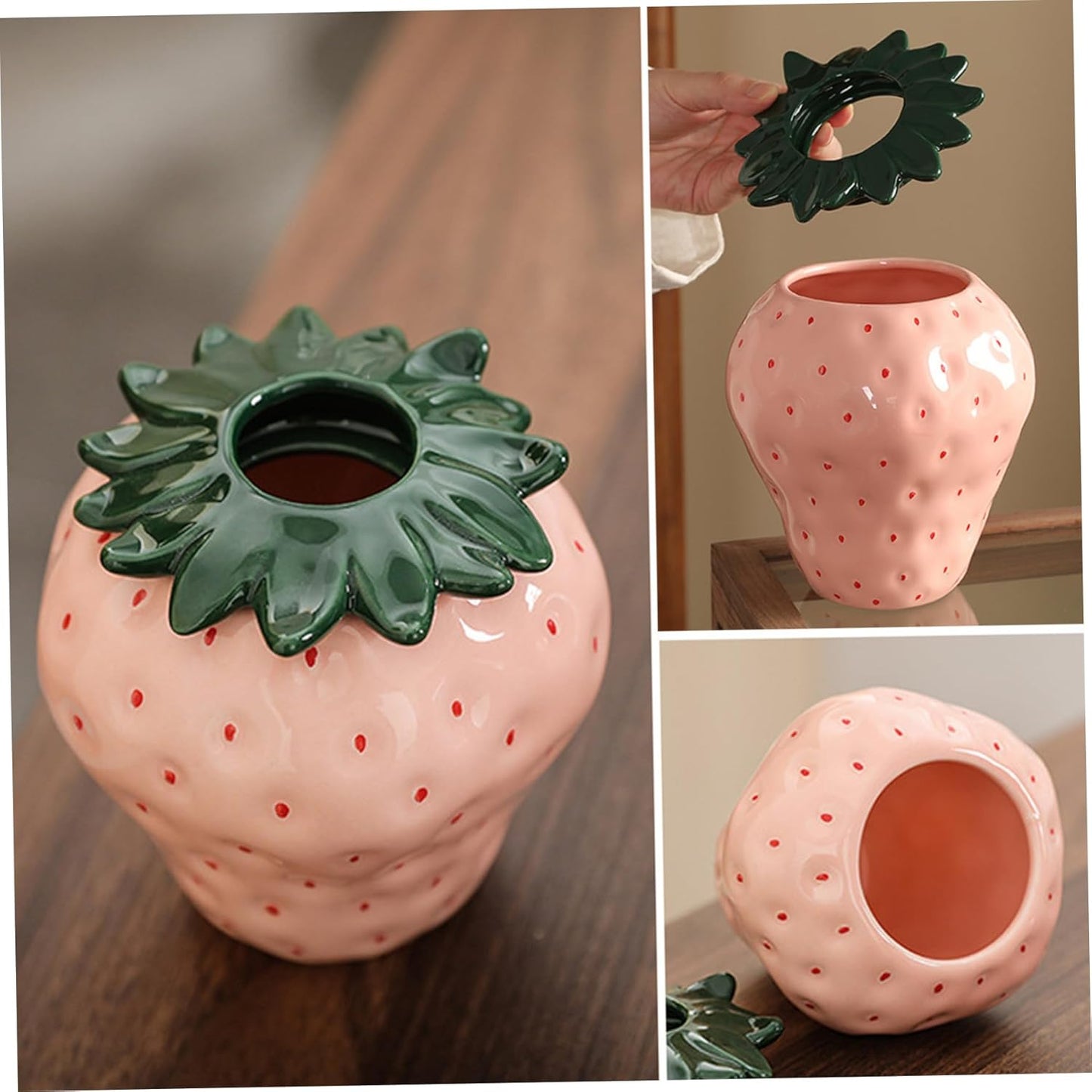Strawberry Vase, Ceramic Strawberry Pot, Funky Strawberry Planter Pot with Detachable Leaf, Decorative Unique Flower Vase for Home Office Kitchen Garden Decor.