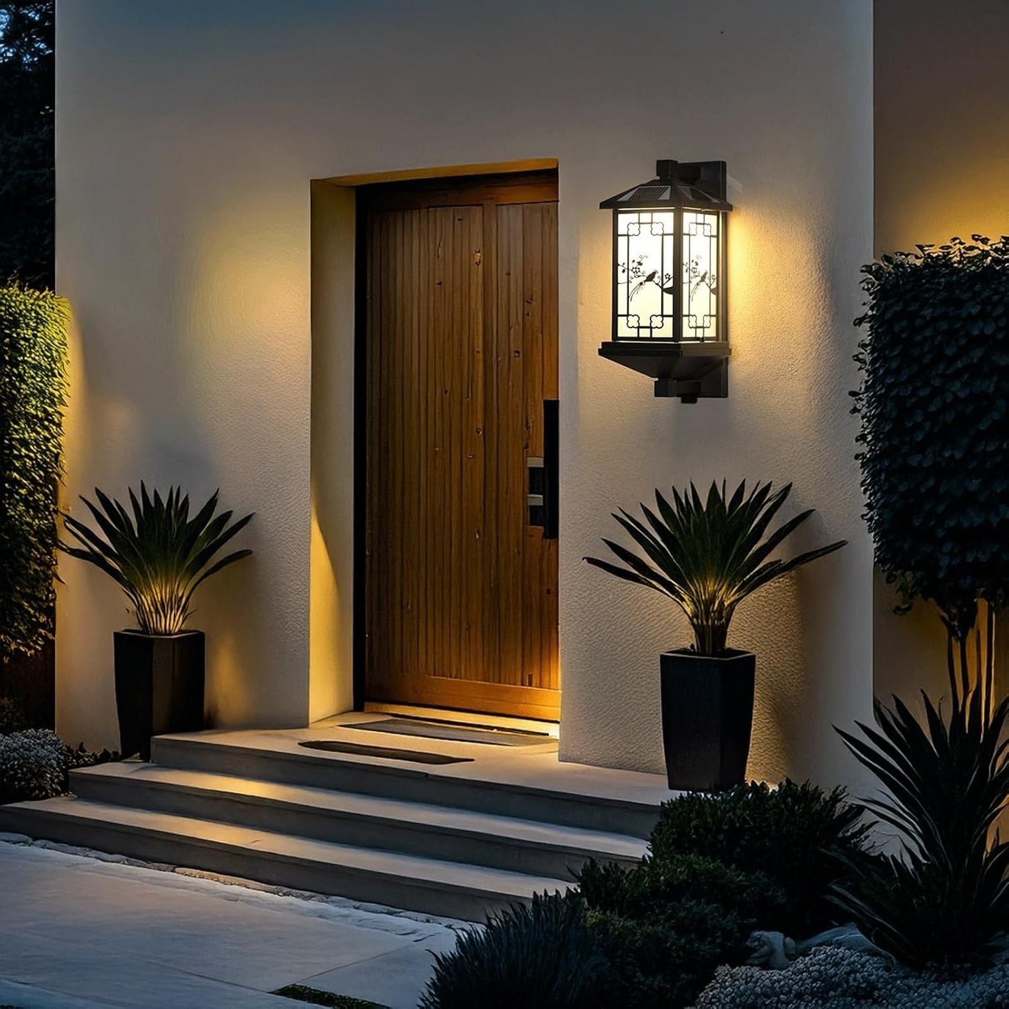 Solar Outdoor Wall Lantern IP65 Waterproof, Matte Black Exterior Wall Sconce Lamp with Auto On/Off, Classic Style LED Light, Frosted Glass Panels for Courtyard, Patio, Gate, Pathway Cottage