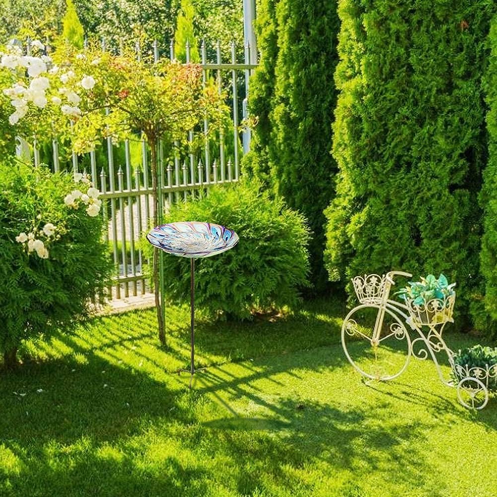VCUTEKA Glass Bird Bath Outdoor BirdBath Garden Bird Feeder with Metal Stake