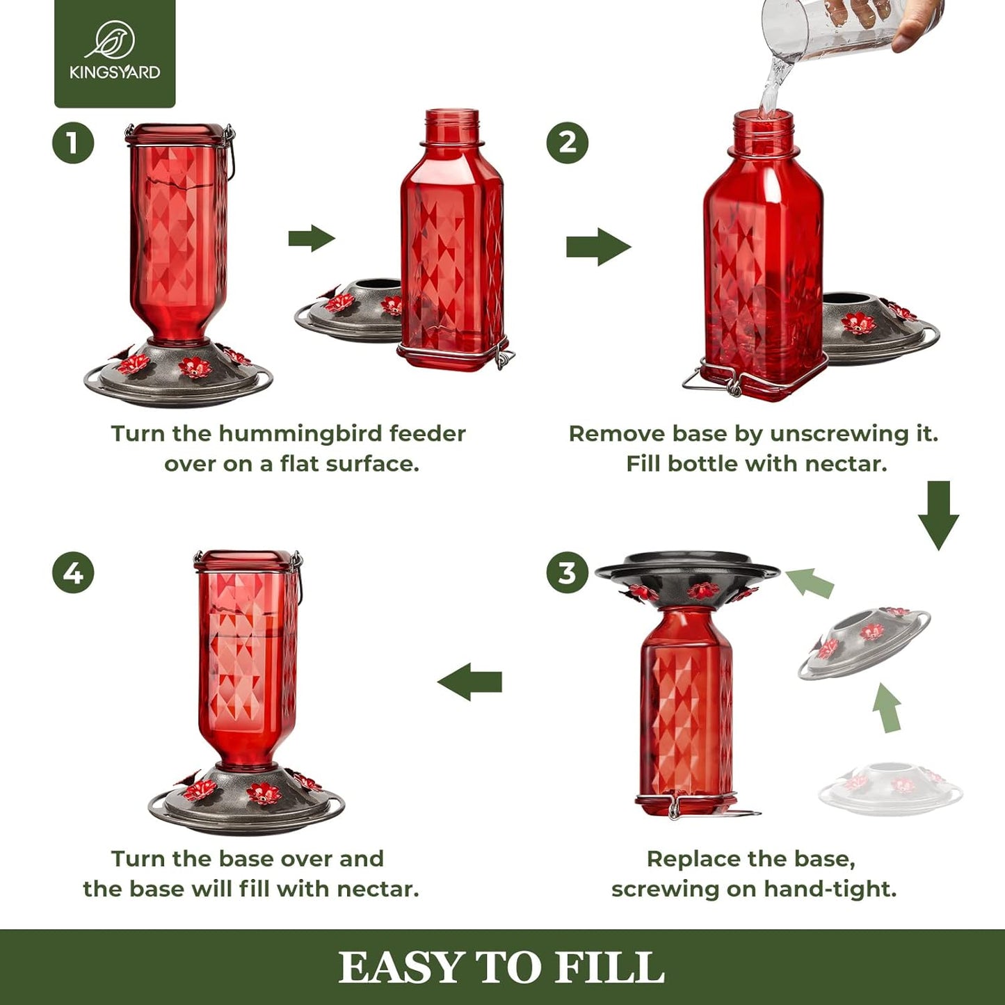 Kingsyard 2 Pack Glass Hummingbird Feeder for Outdoor Hanging, 24 Ounces, 6 Feeding Ports, Bird Nectar Feeder for Garden Décor, Ant Moat Included, Red