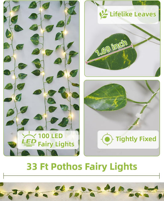 KASZOO 33ft 100 LED Vine with Fairy Lights - Pothos String Lights Battery/USB Operated, Ivy Garland with Remote, Leaf Lights for Bedroom Garden Party Wall Room Decor
