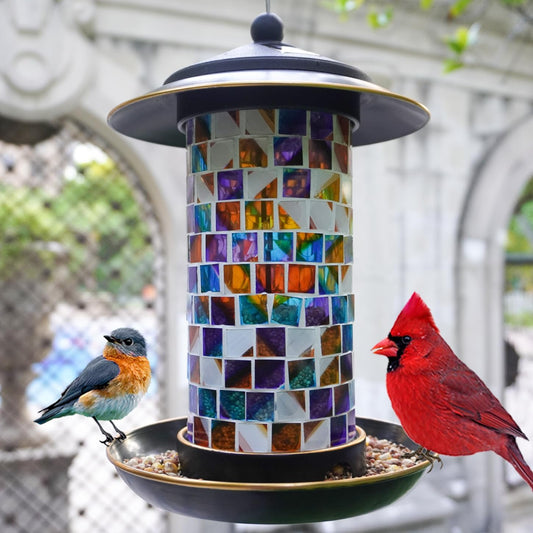 Solar Bird Feeder with Stained Glass, Easy Clean and Top Fill, Adjustable Feeder with Sturdy Wire and Roof, Plastic, for Garden, Backyard, Terrace(1.5lbs/Diamond)