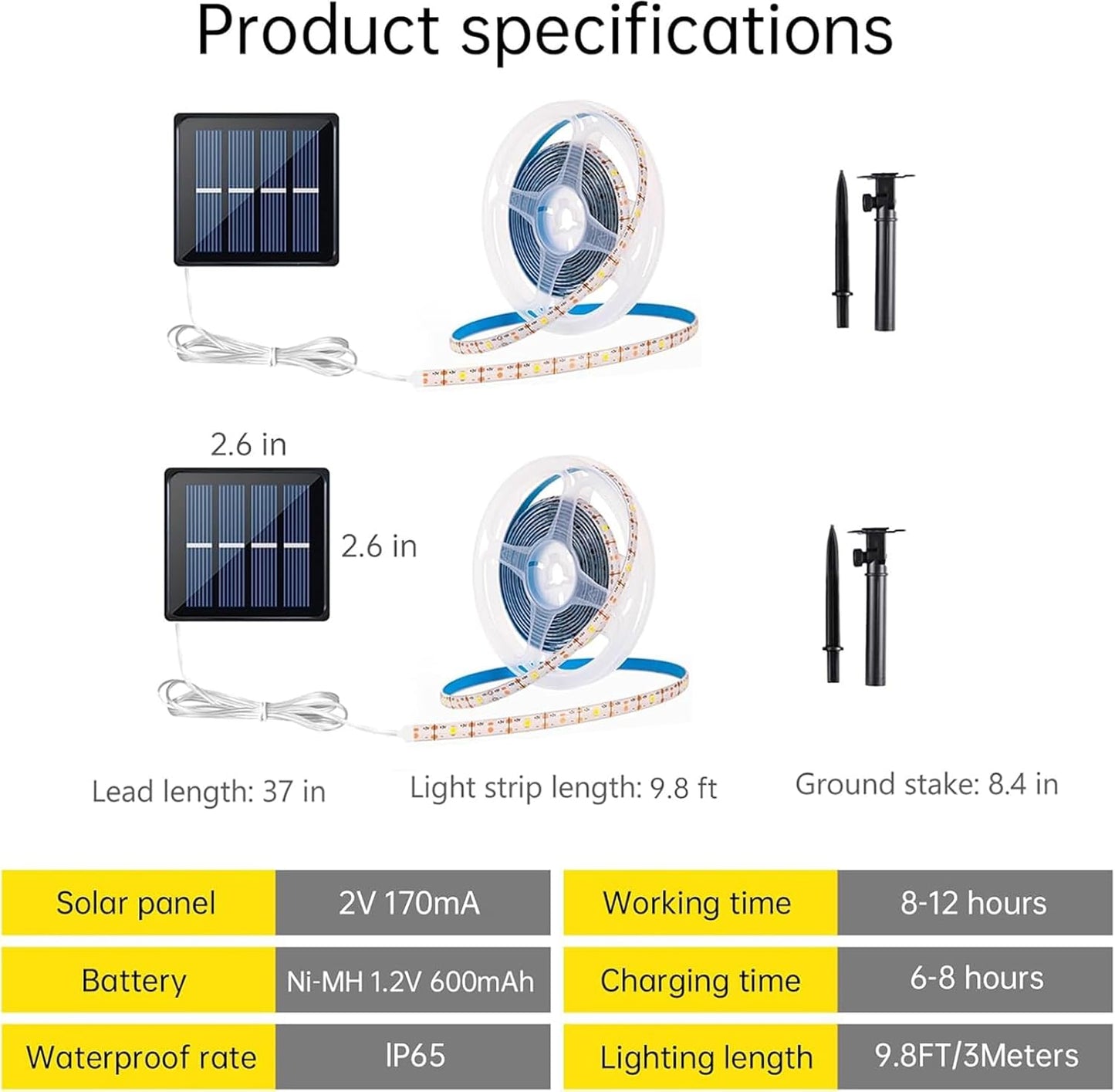 Solar LED Light Strip Outdoor Tape Rope Lights Waterproof 10ft Garden Path Decorative Lighting with 8 Modes for Outside, Wrap, Party, Stair, Step, Gazebo, Yard, Wedding, 2 Pack