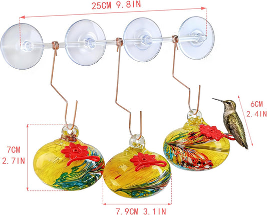 3Pcs Hand Blown Hummingbird Feedeers with Suction Cups for Window Hanging Ant and Bee Proof Glass Humming Birds Feeders Gifts for Woman Man