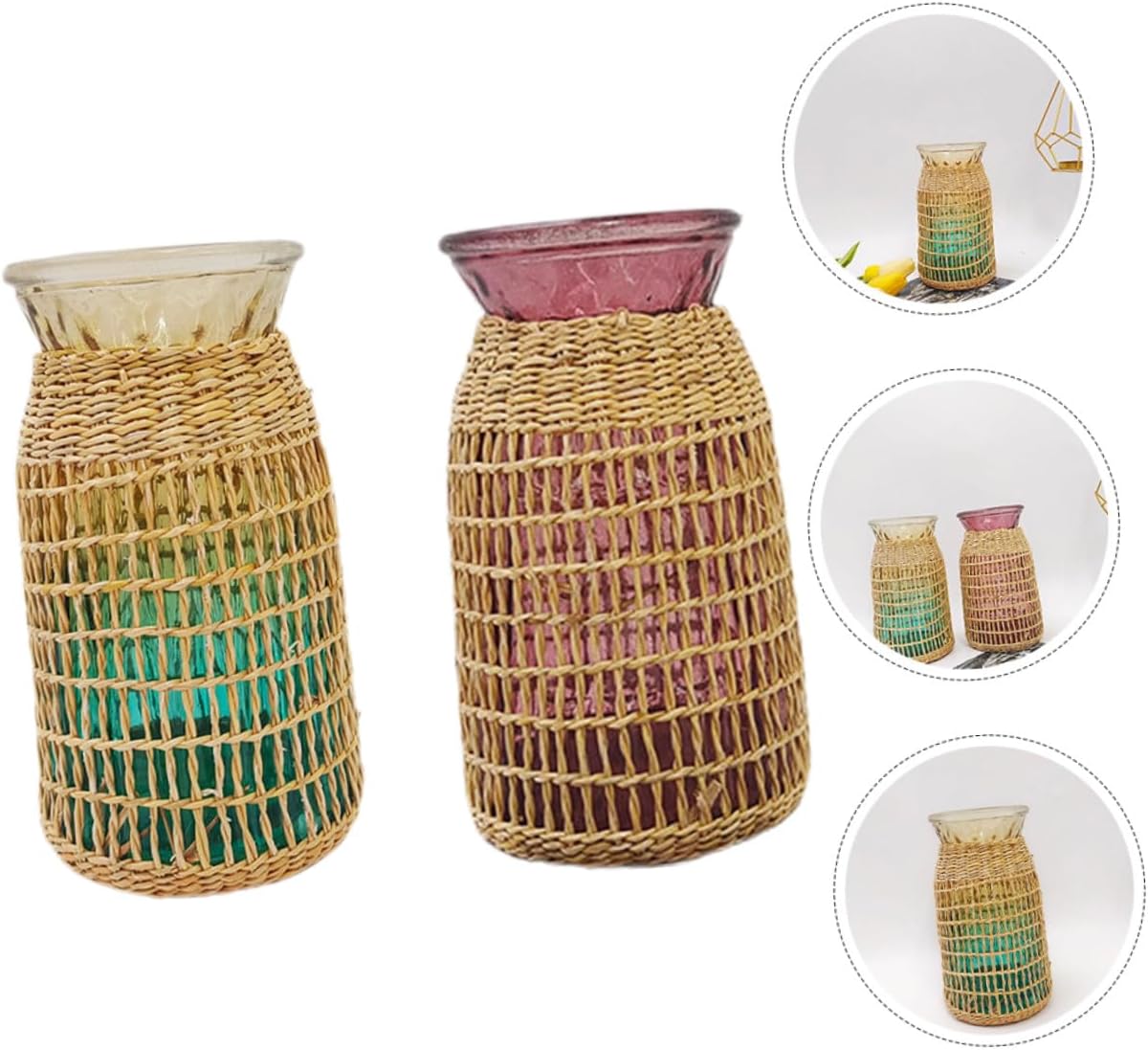 BESTOYARD 2pcs Rattan Woven Glass Flower Vase Set, Wide Mouth Desktop Vase, Decorative Planter Pot for Home and Office Décor, Blue and Burgundy Color, Boho Style