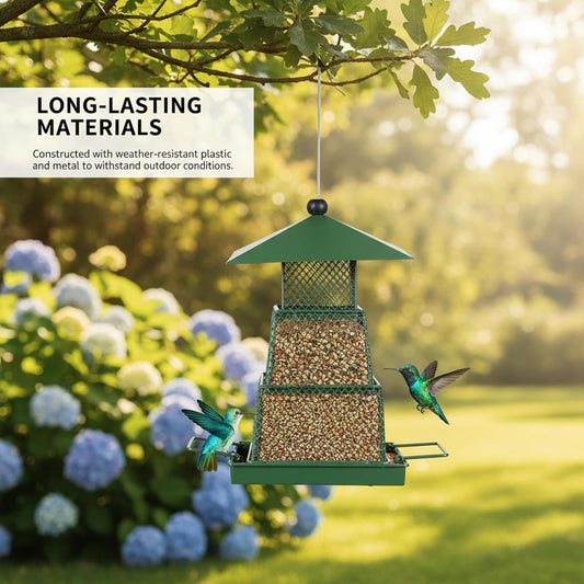 Hanging Bird Feeder, Portable and Collapsible Metal Bird Feeder with Tray Large Capacity Weatherproof Rainproof Wild Birdfeeder for Balcony and Backyard, Square